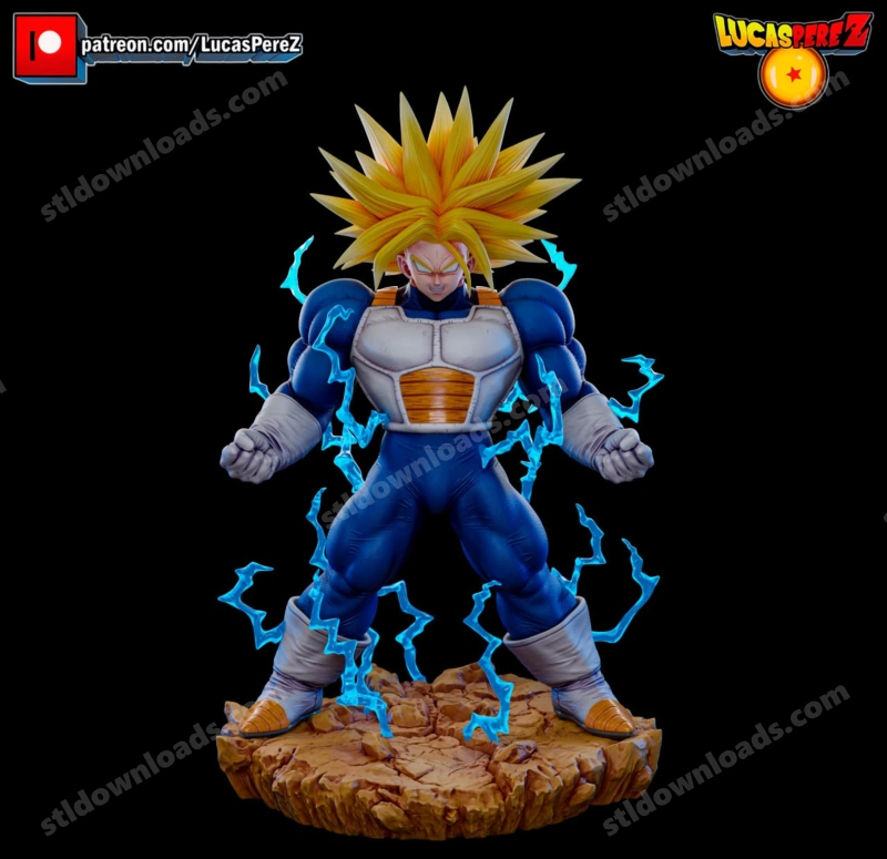 Super Trunks Dragon Ball Z figure with golden hair, blue energy, armor, and rocky base