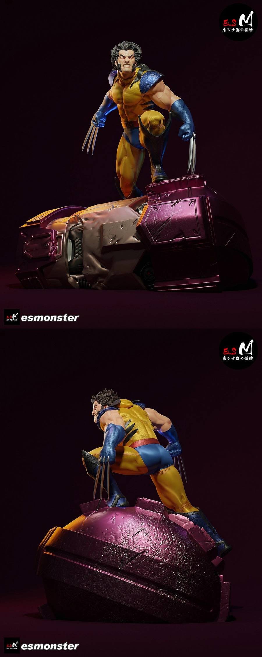 Wolverine statue with extended claws standing on a damaged Sentinel robot
