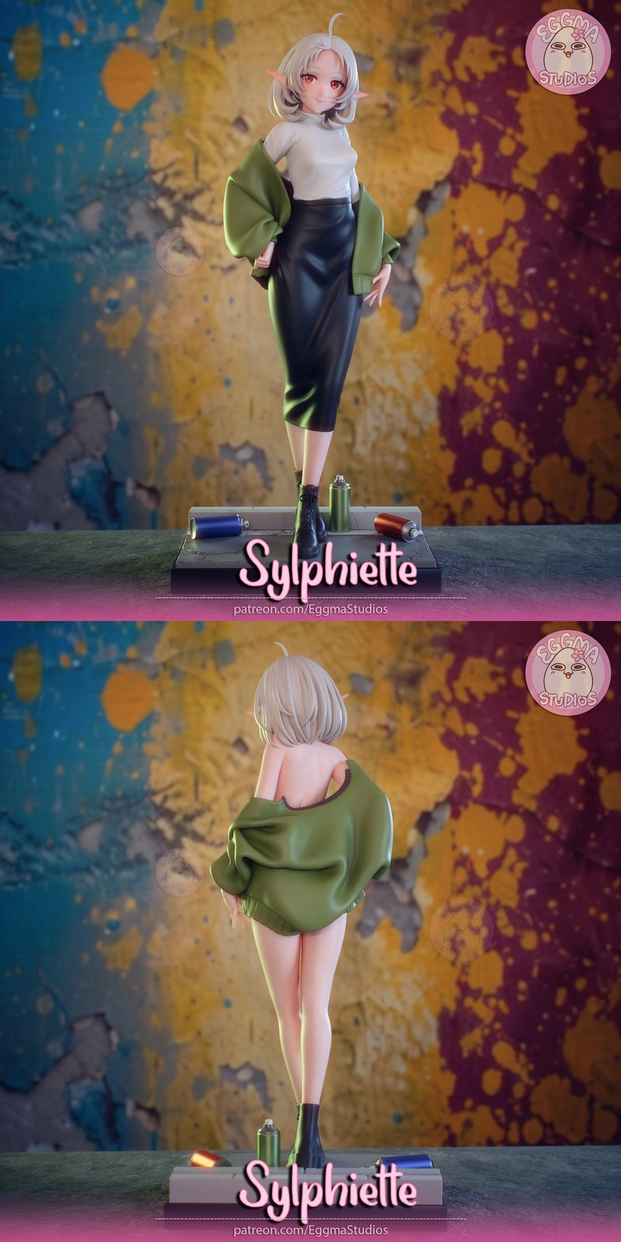Sylphiette Mushoku Tensei figure with silver hair, green cardigan, dark skirt, and display base
