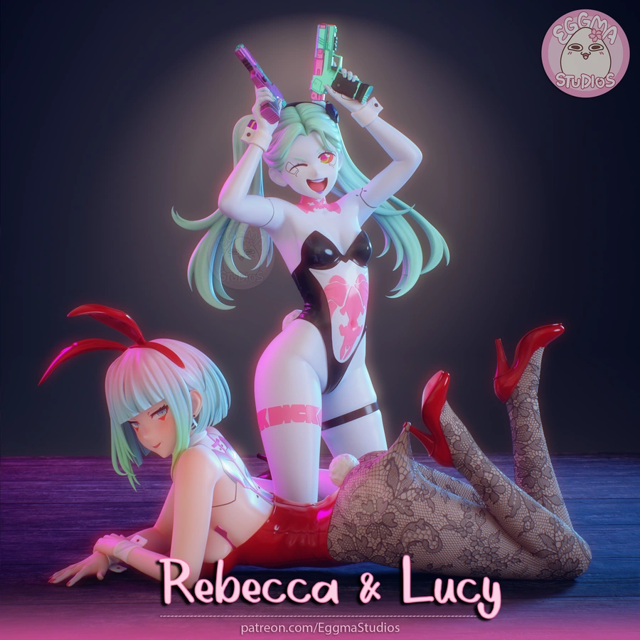 Rebecca and Lucy from Cyberpunk: Edgerunners in a stylized character display scene