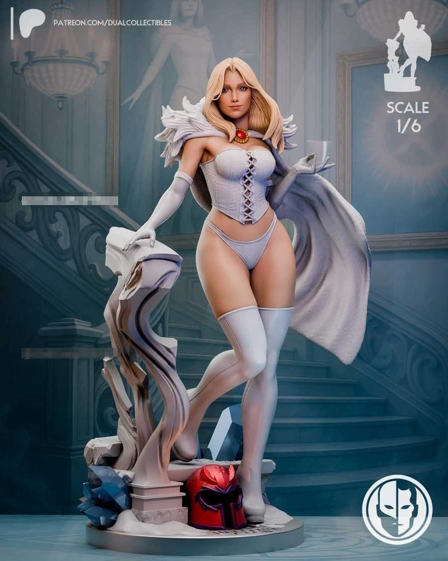 Emma Frost Marvel statue in a white costume with feathered cape and ornate base