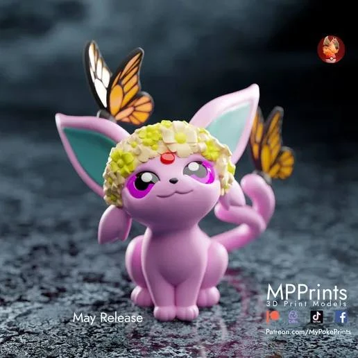 Stylized pink Espeon Pokémon figure with floral head detail and butterfly accents