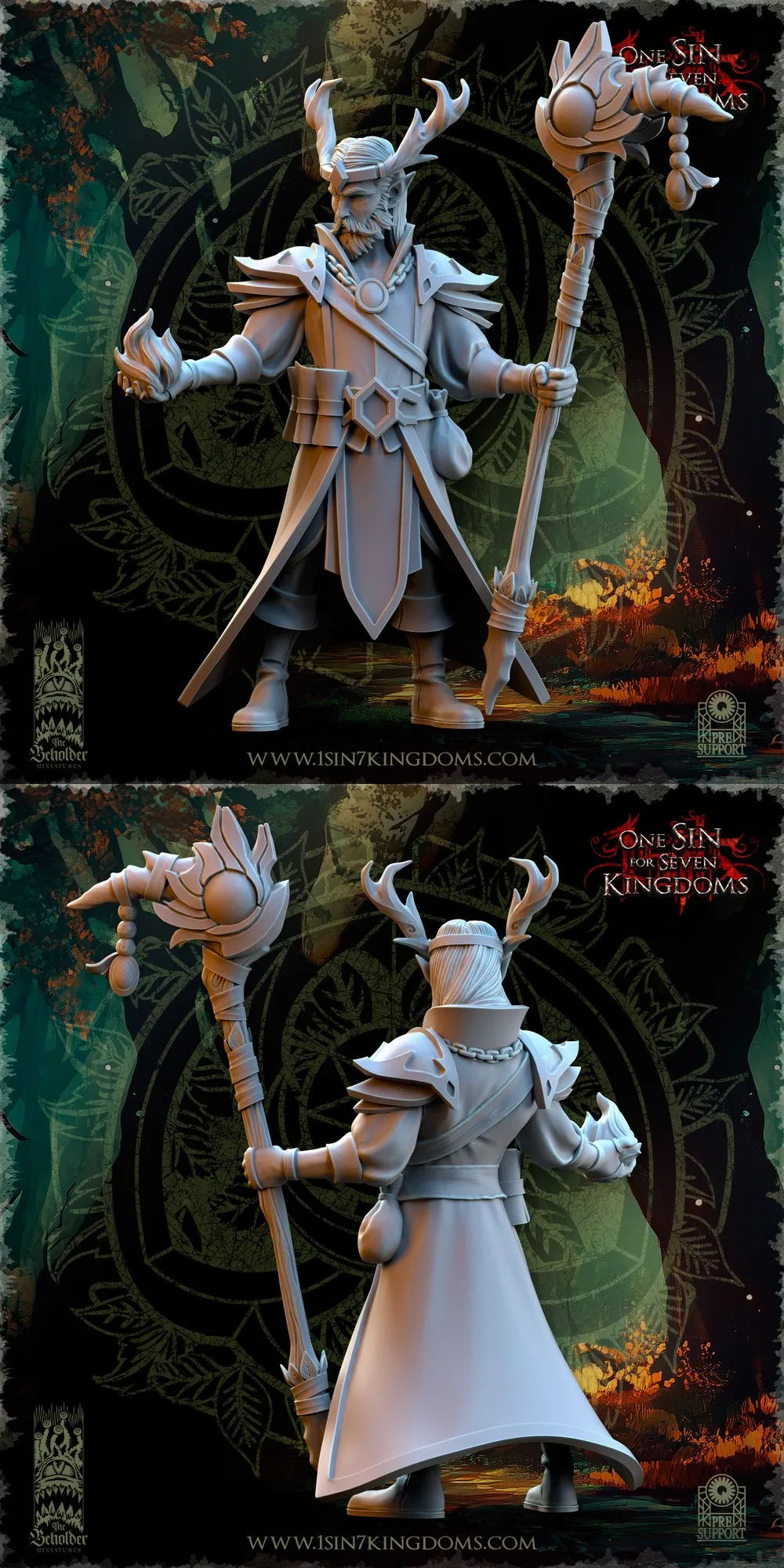 Findlas, a horned fantasy guardian in robes holding an ornate staff