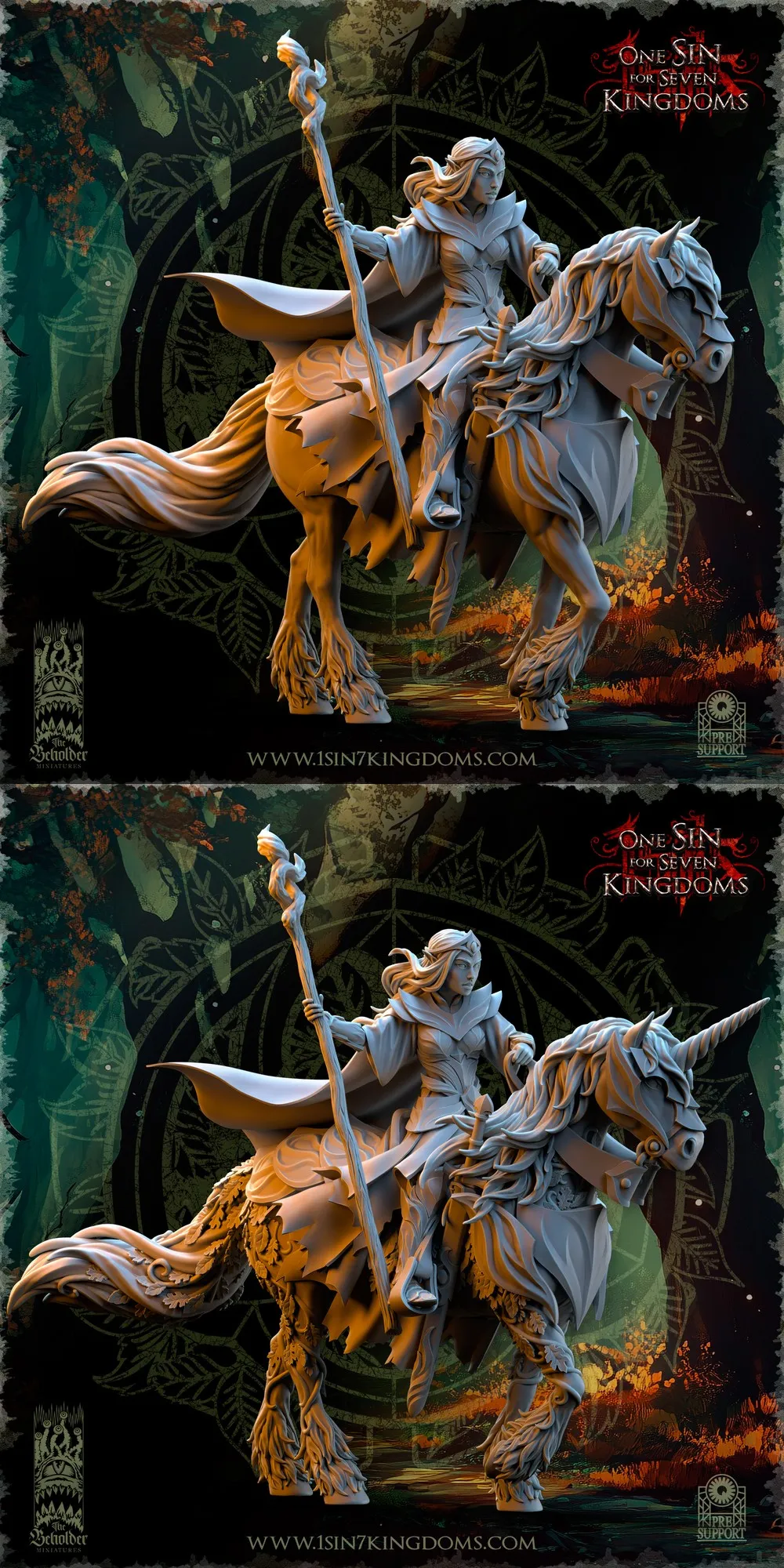 Nuara, a fantasy warrior holding a staff while riding an ornate armored horse