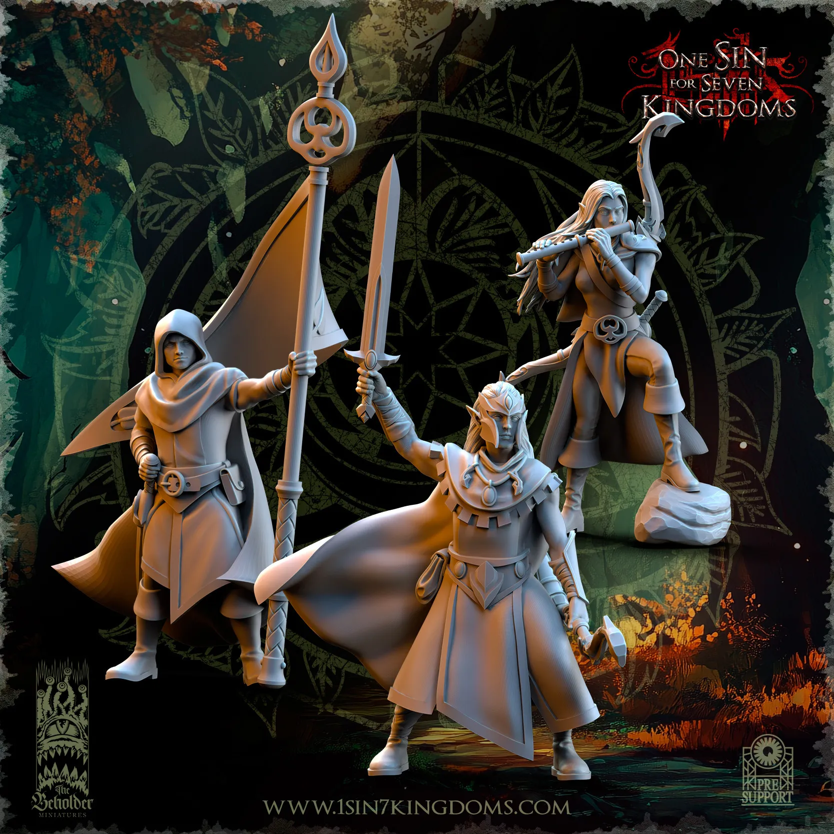 Three elf-like fantasy rangers with weapons in a detailed miniature group