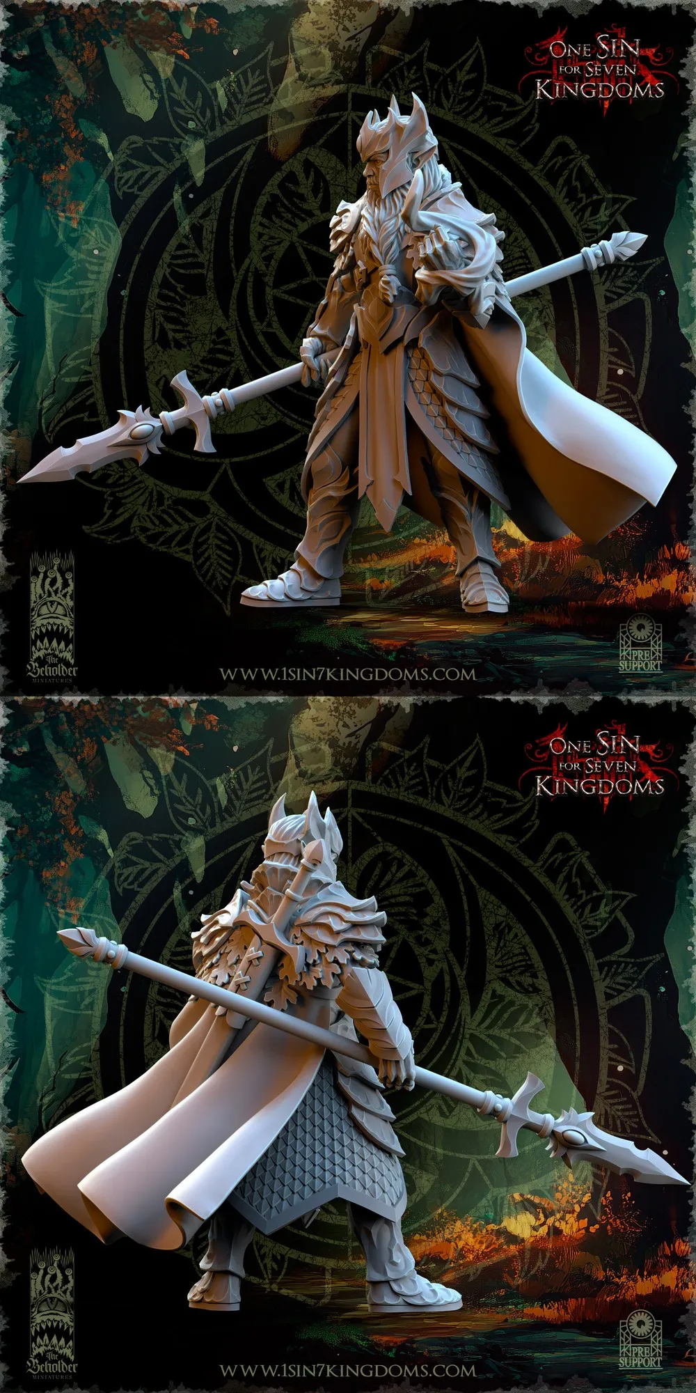 Thalenar Evergreen King fantasy warrior statue with ornate armor, cape, and spear