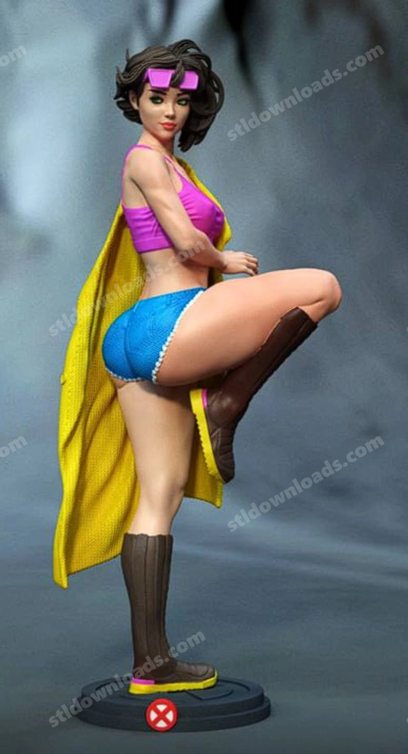 Jubilo character figure with yellow cape, pink eyewear, blue shorts, and raised leg