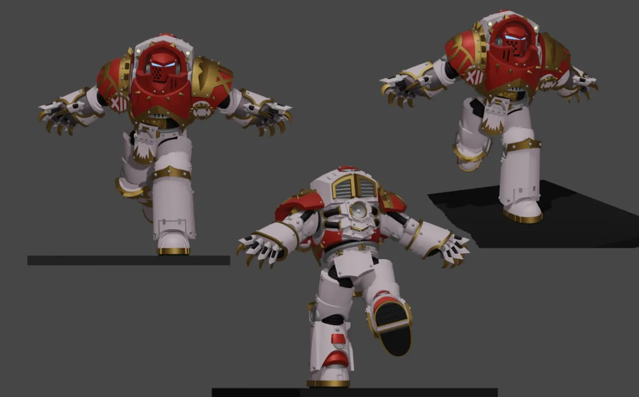 Three Red Butchers Terminator figures in red, white, and gold armor
