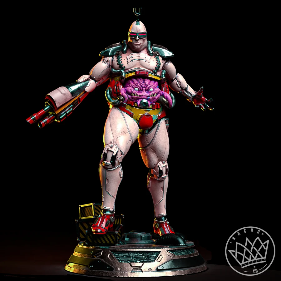 Krang from Teenage Mutant Ninja Turtles in an armored body on a sci-fi display base