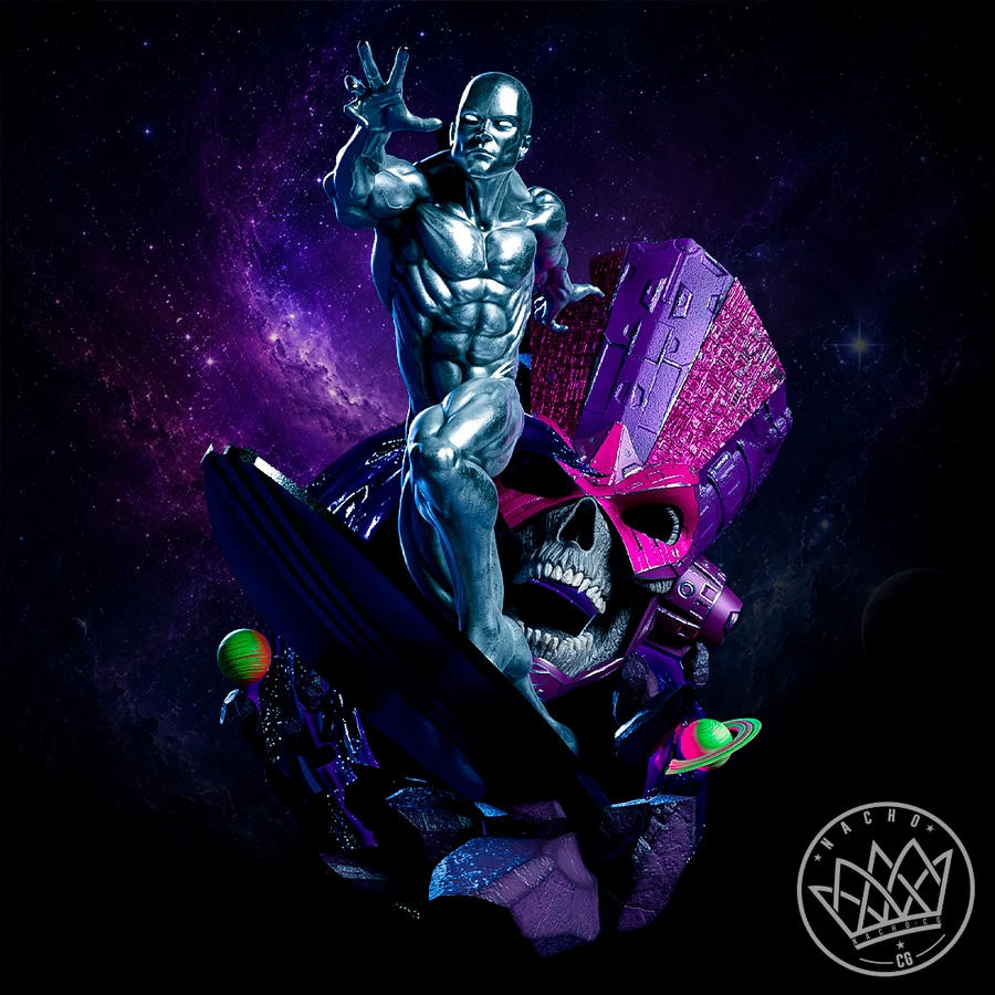 Silver Surfer Marvel figure standing on a surfboard-like form in a cosmic scene