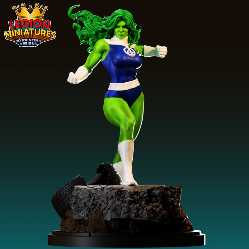 She-Hulk Marvel statue in a blue-and-white uniform on a rocky base