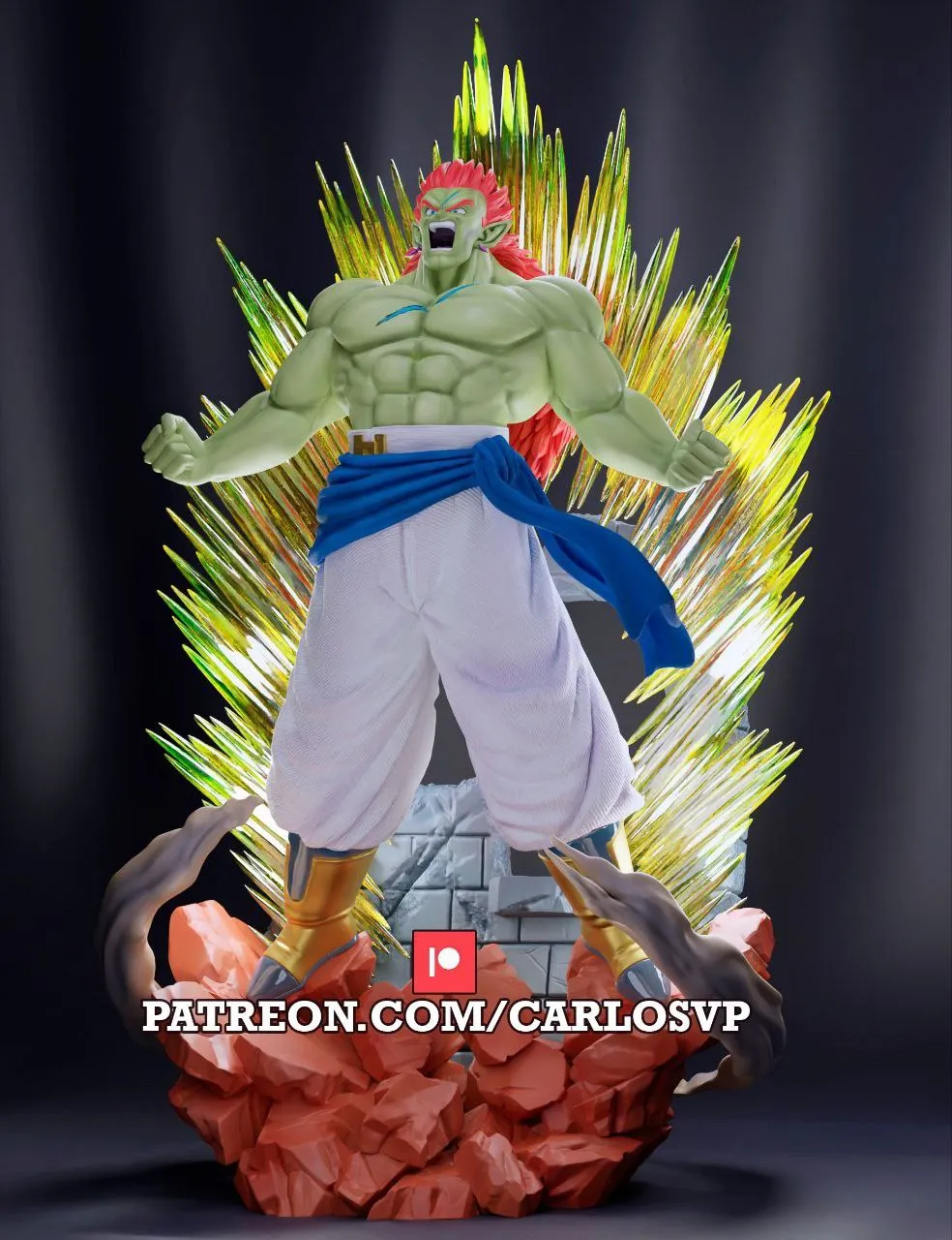Green muscular fantasy character statue with red hair and energy spikes