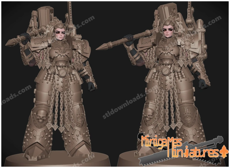 Armored Warhammer 40,000 warrior with spear, chains, and mechanical backpack