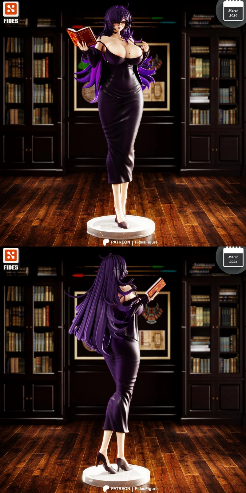 Fides original character statue with purple hair, black dress and open book