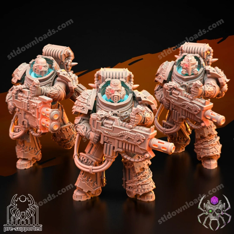 Three heavily armored Flame Lizards sci-fi figures with weapons and mechanical backpacks