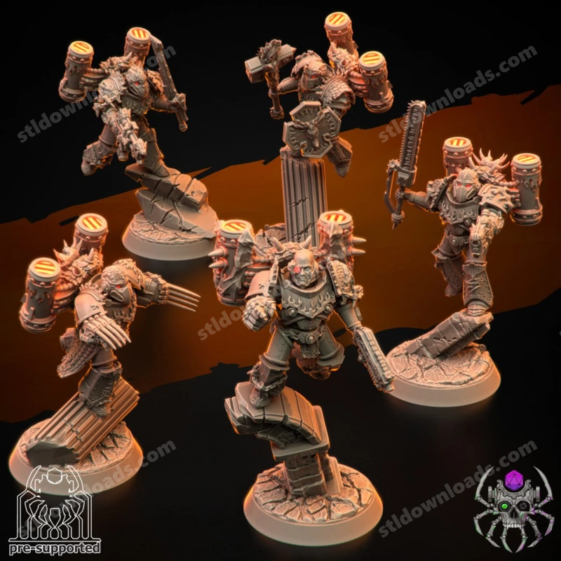 Armored original sci-fi dragon squad miniatures with weapons and scenic bases