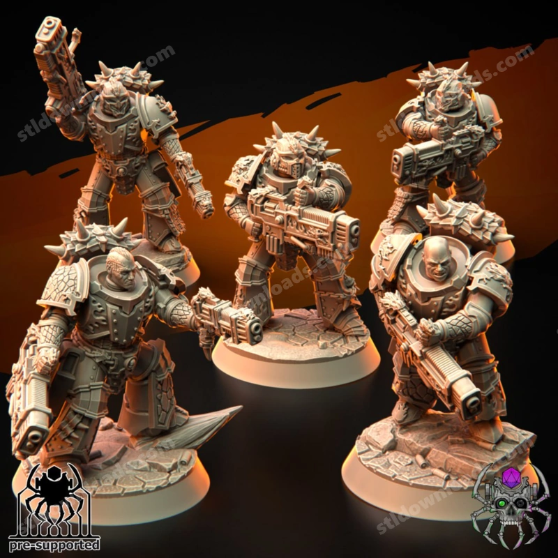 Five armored original sci-fi miniatures with spiked helmets, blasters, and textured round bases