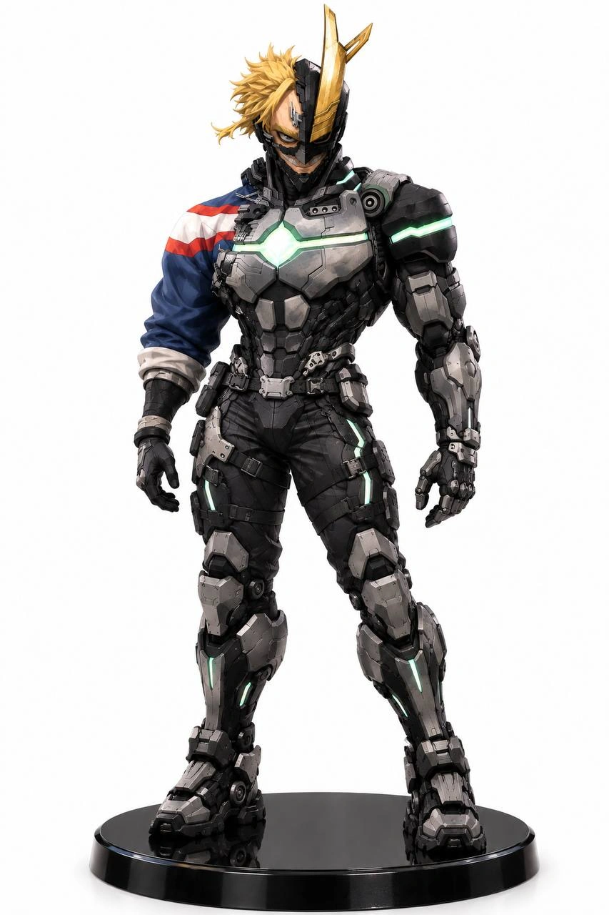 Armored All Might in black tactical armor on a round display base