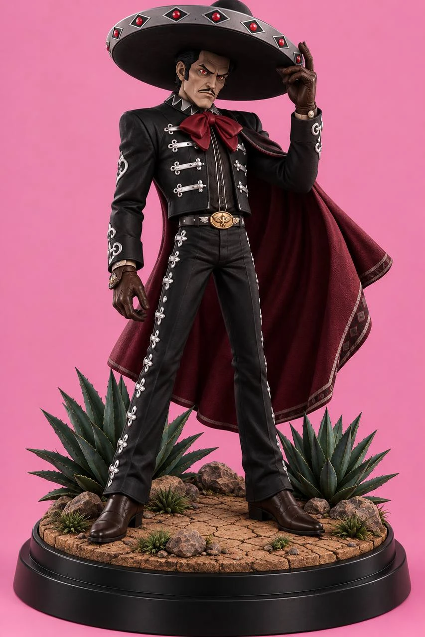 El Charro Negro figure in black charro suit, decorated sombrero and red cape on a desert base