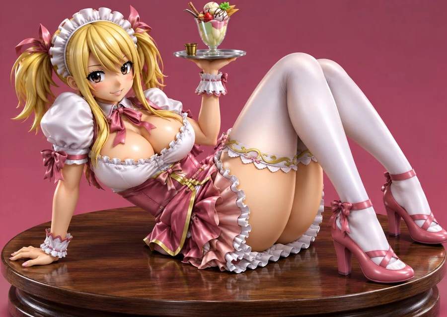 Lucy Heartfilia Fairy Tail figure in a pink maid outfit holding a dessert tray