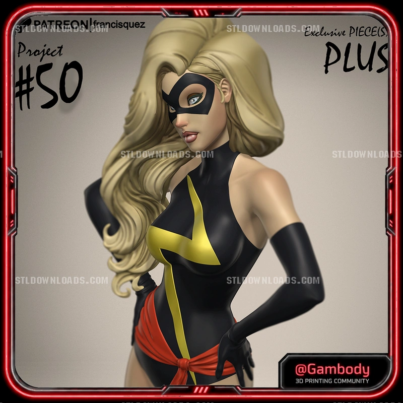 Masked female figure with flowing blonde hair, black-and-gold suit, gloves, and red sash