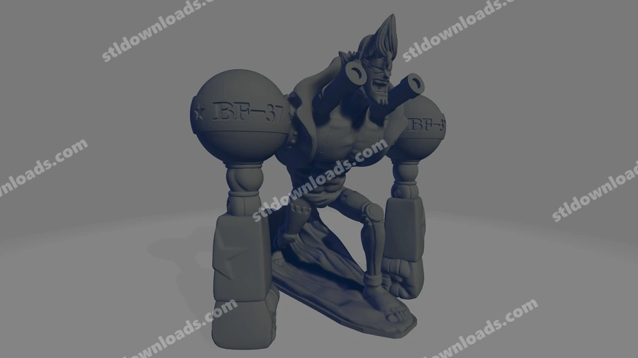 Franky from One Piece as a crouching cyborg figure between two spherical pedestal forms