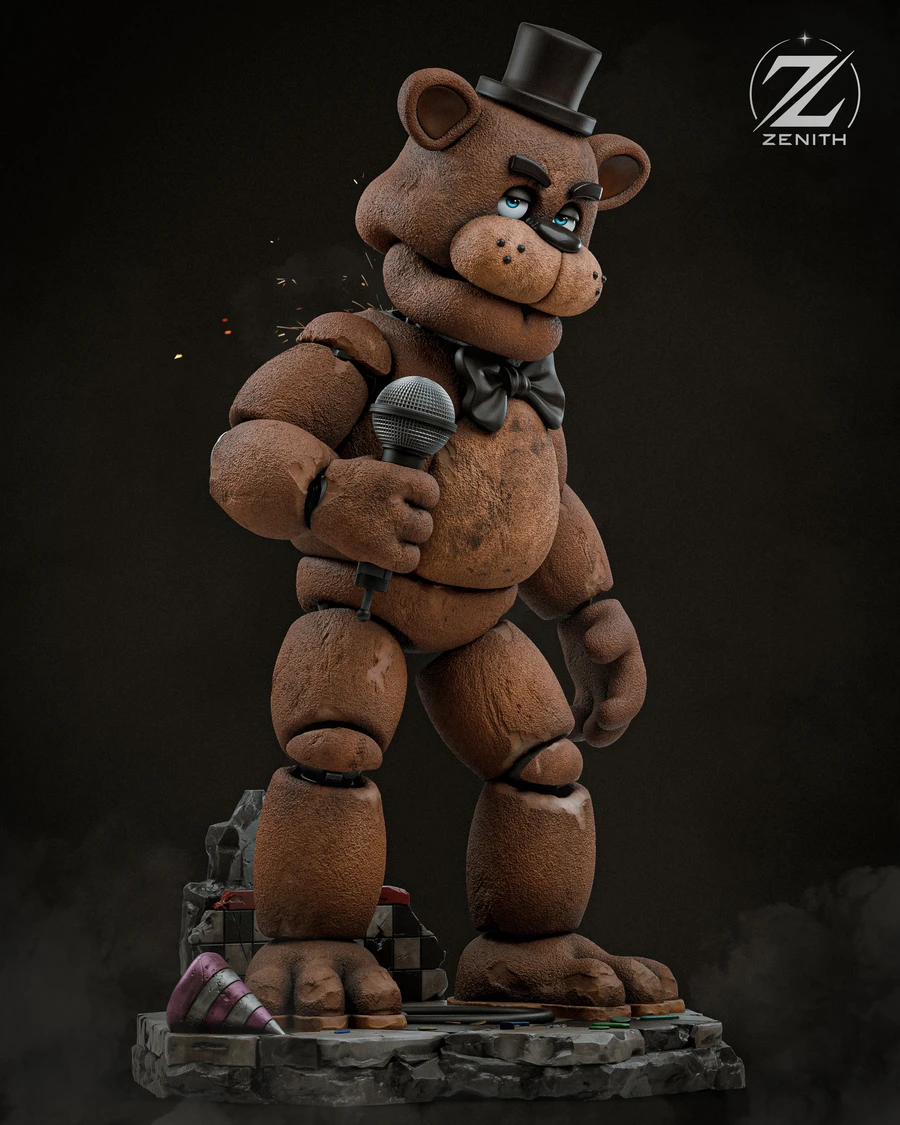 Freddy Fazbear animatronic bear statue with microphone and stage base