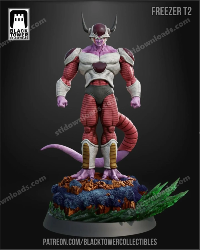 Frieza second form Dragon Ball Z statue with horns, tail, armor, and display base