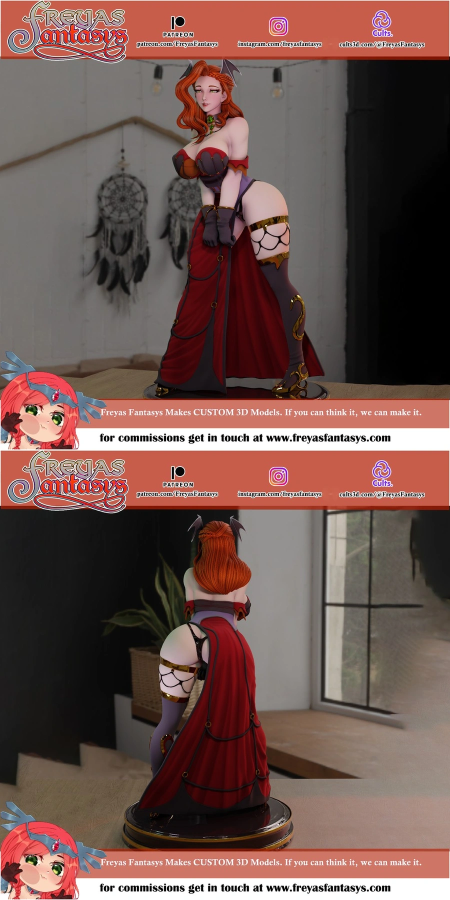 Freya V2 fantasy character figure with red hair, horns, red gown, and display base