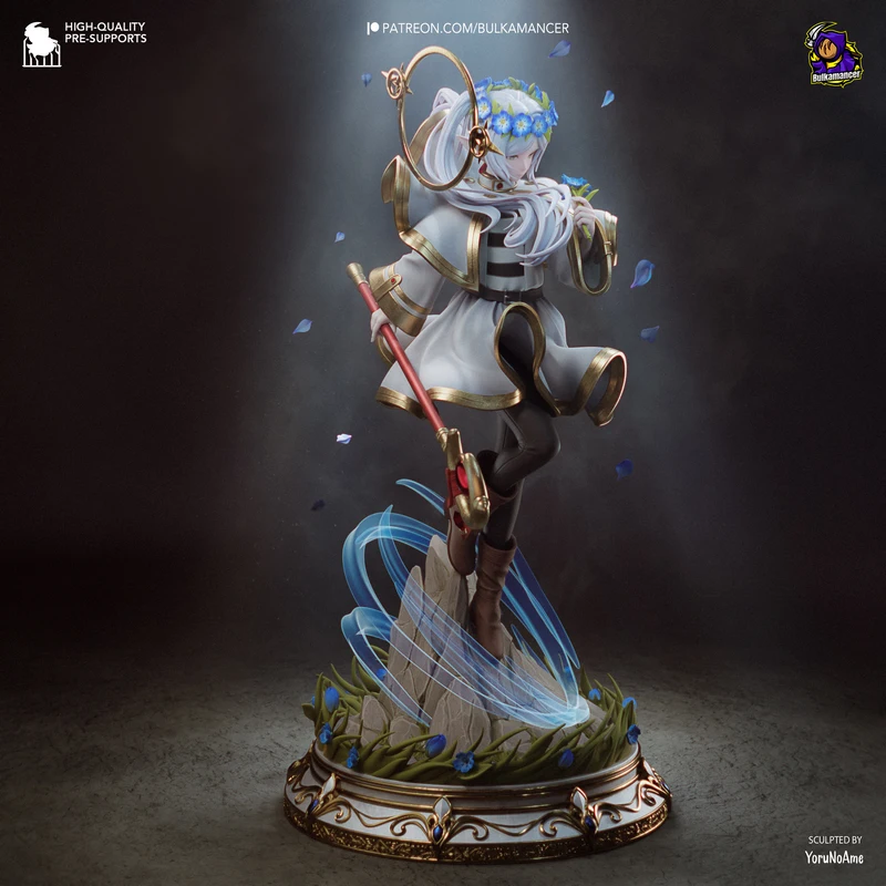 Frieren character statue with staff, white hair, blue flowers, and ornate circular base