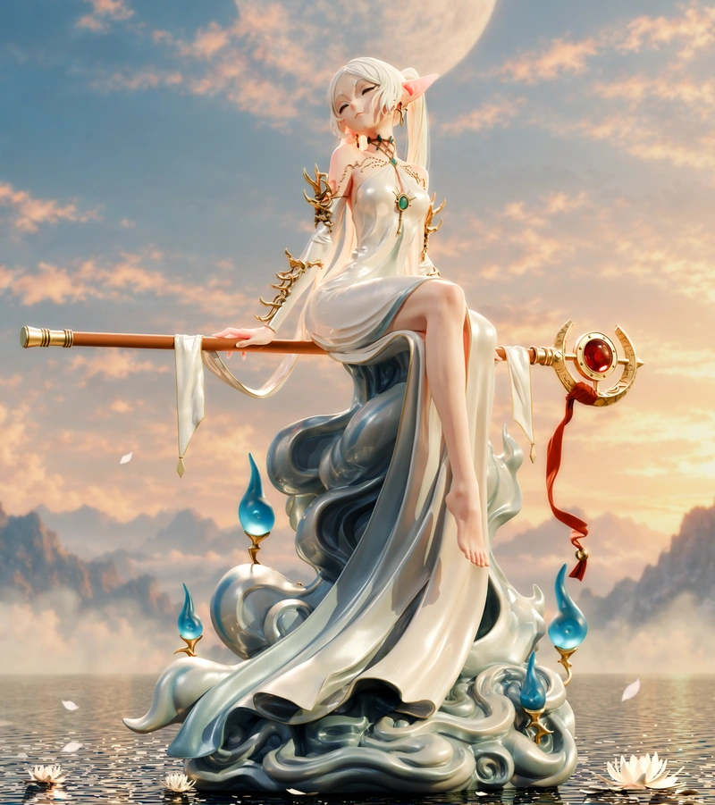 Frieren-inspired elven mage statue with staff and flowing robes