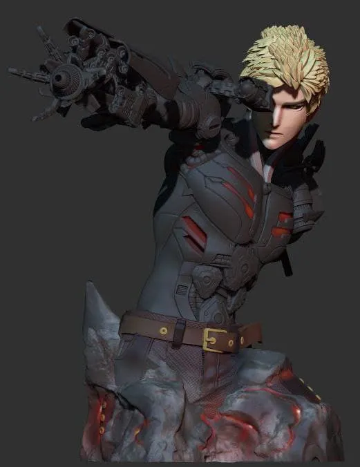 Genos One-Punch Man bust with cybernetic armor and weaponized arm