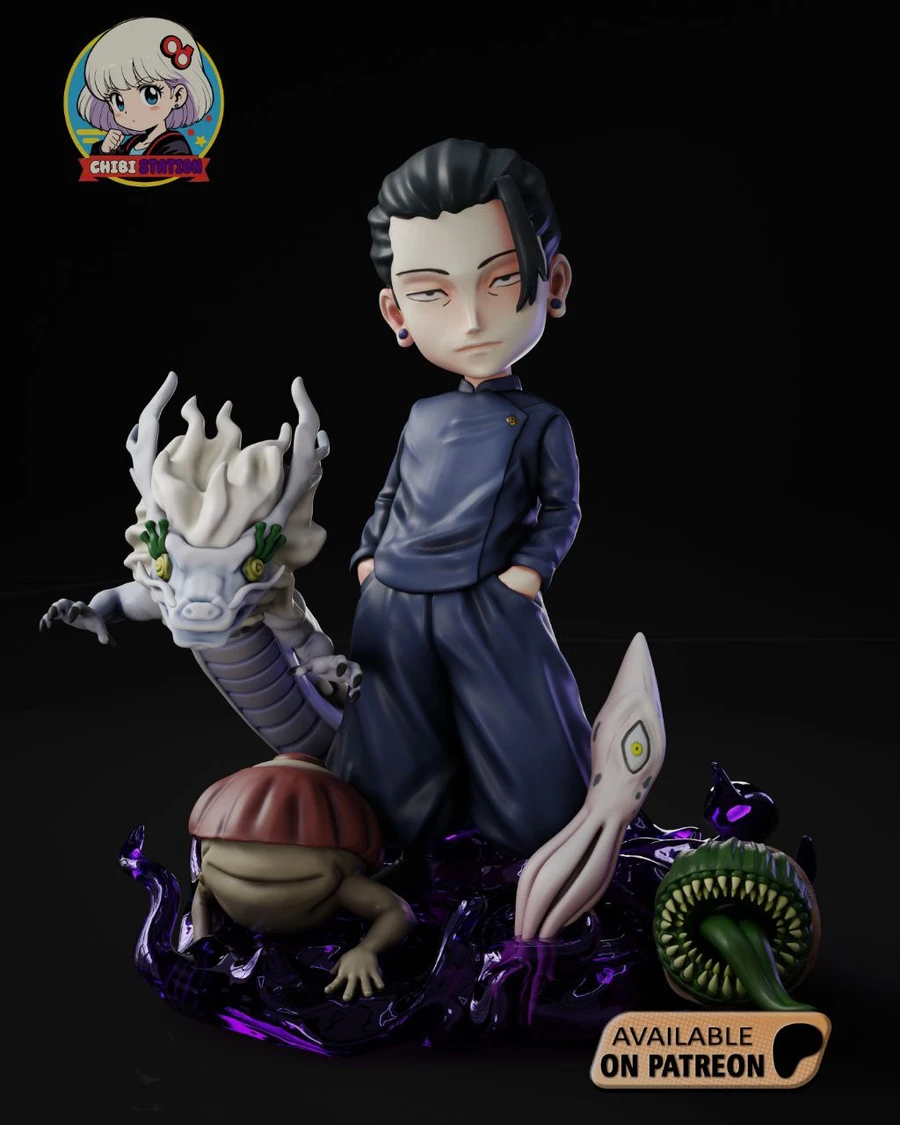 Chibi Suguru Geto figure with cursed creatures on a purple effect base