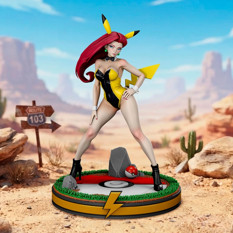 Jessie Pokémon fan-art figure in a black-and-yellow outfit on a themed display base