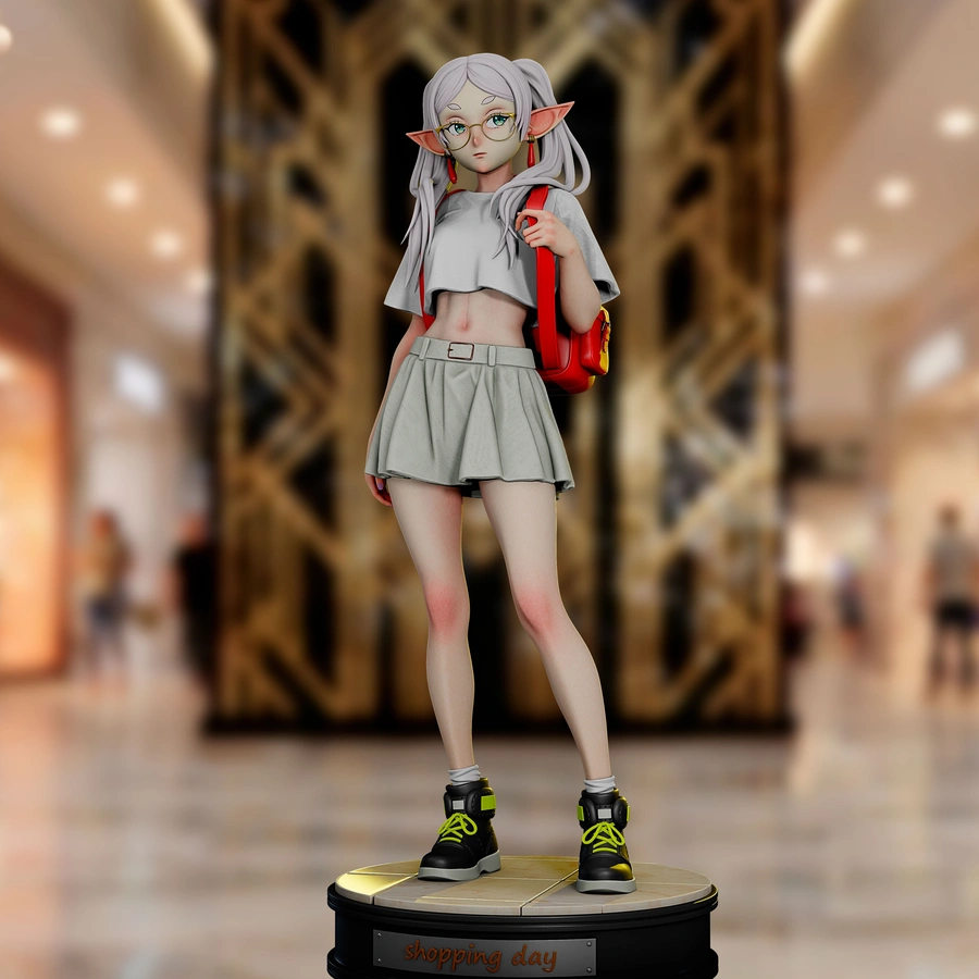 Frieren elf character figure with silver hair, glasses, boots, and a display base