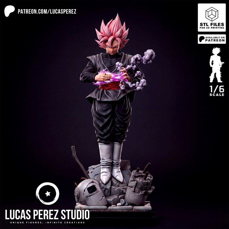 Goku Black Rose figure with pink hair, energy blade, smoke, and rubble base