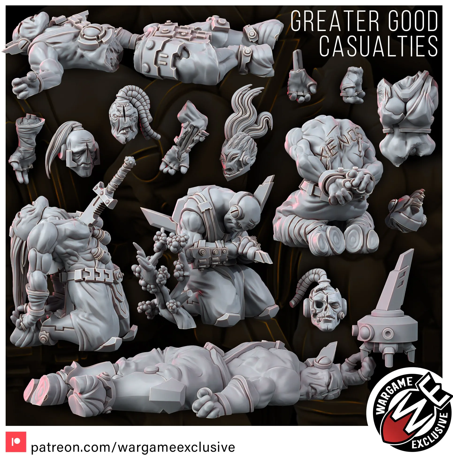Original sci-fi casualty miniatures with armored bodies, heads, weapons, and mechanical parts