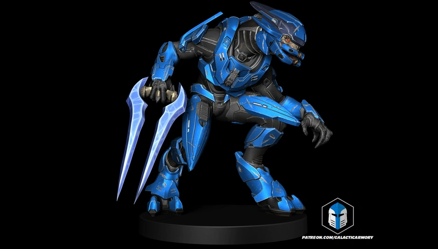 Blue Halo Elite miniature with twin energy blades on a round base