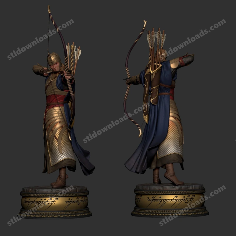 Galadhrim Warrior elven archer in armor with bow, quiver, cloak, and circular display base