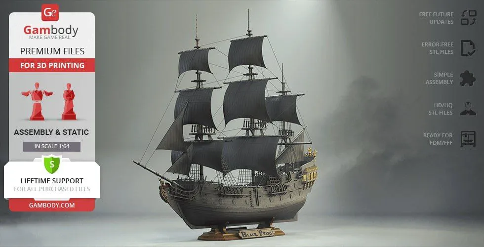 Black Pearl pirate ship 3D model with dark sails and detailed rigging