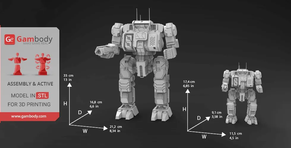 Highlander BattleMech STL model with armor, weapon arm, and antennae