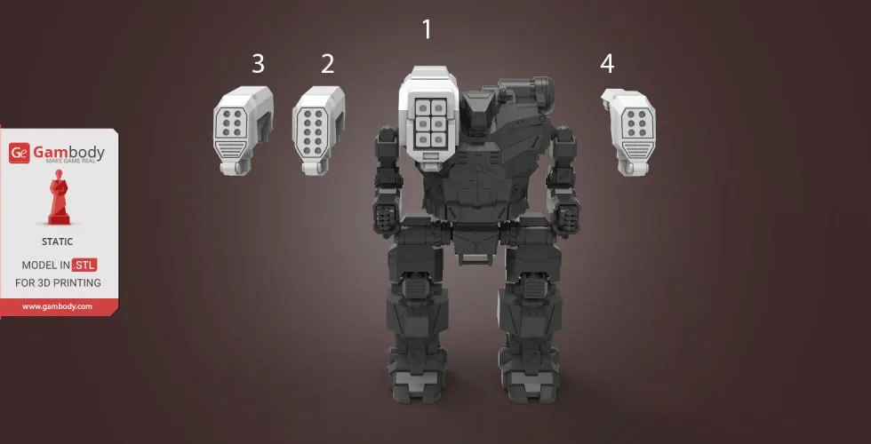Front-facing Hunchback BattleMech STL model with separate weapon components