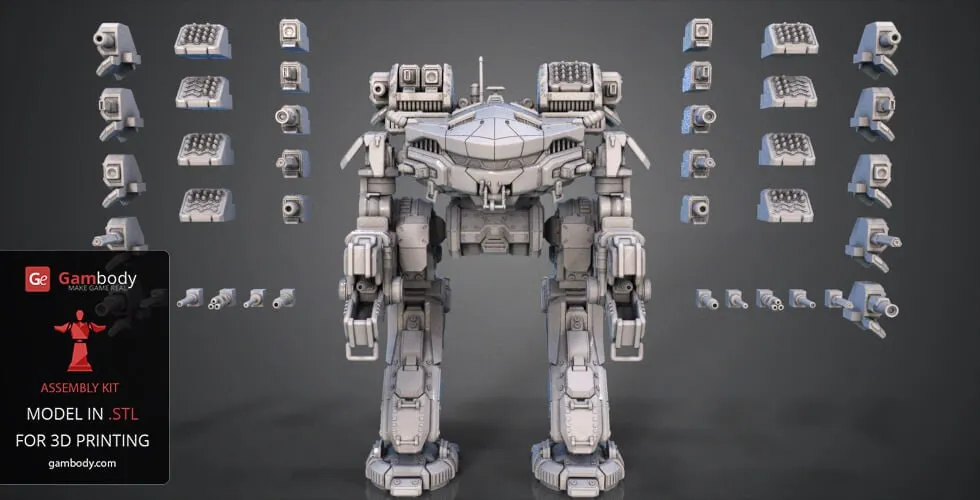 Front-facing King Crab BattleMech STL model with armor, weapons, and separated parts
