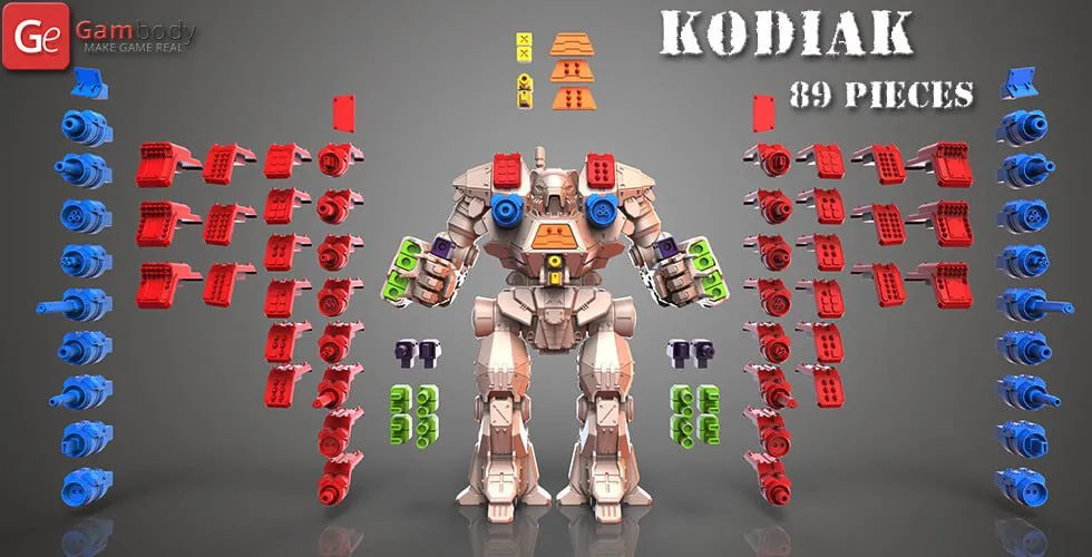 Kodiak BattleMech STL model with armor panels, weapons, and arranged interchangeable parts