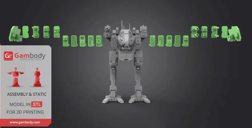 Raven BattleMech STL model with separated assembly parts