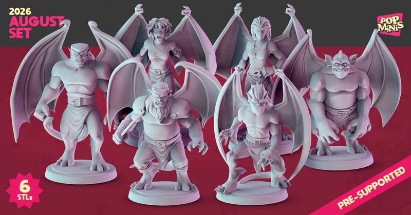 Six winged gargoyle miniature figures with bat-like wings on round display bases