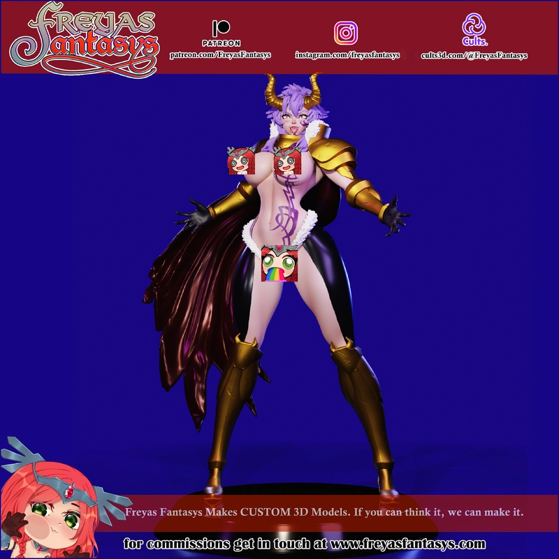 General Chloe horned fantasy character with purple coloring, gold armor, and a flowing cape