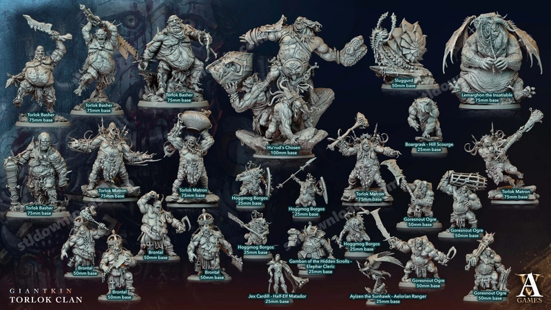 Giantkin Torlok Clan fantasy miniatures with armored giantkin, ogres and spellcasters on round bases