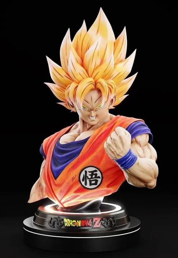 Goku Super Saiyan bust with raised fist on a Dragon Ball Z display base