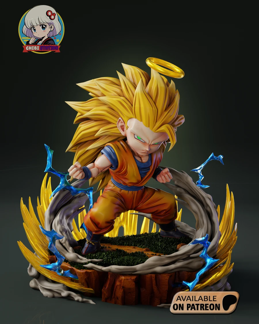 Goku Super Saiyan 3 Dragon Ball STL statue with golden hair and energy effects